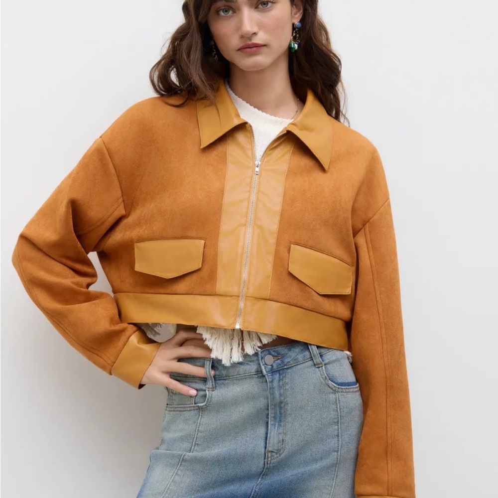 NEW WITH TAGS CIDER SUEDE ZIP UP COLLARED CROPPED RETRO JACKET SIZE LARGE